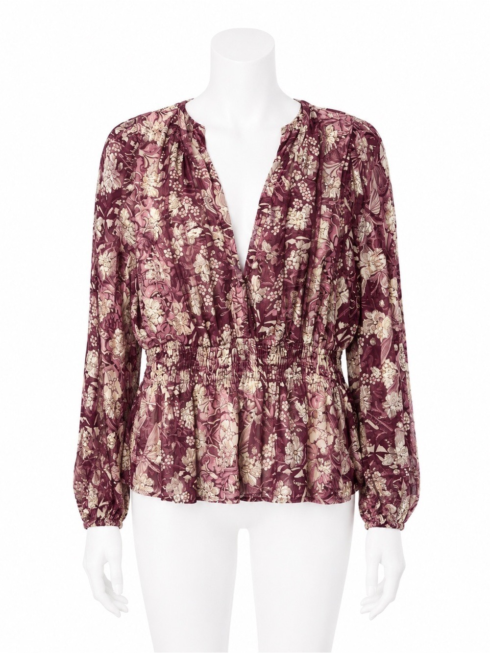 Anthropologie Somerset Chiffon Blouse Burgundy Floral Metallic Peplum Top L